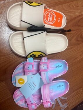 Lot - Kids Off White Slide Sandals & Pink Tie-Dye Buckle Sandals (Pair)